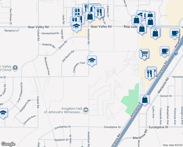 map of restaurants, bars, coffee shops, grocery stores, and more near 11700-11784 Amethyst Rd in Victorville