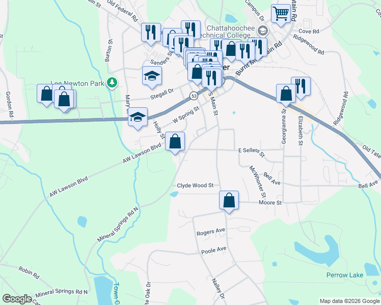 map of restaurants, bars, coffee shops, grocery stores, and more near 165 Holly Street in Jasper