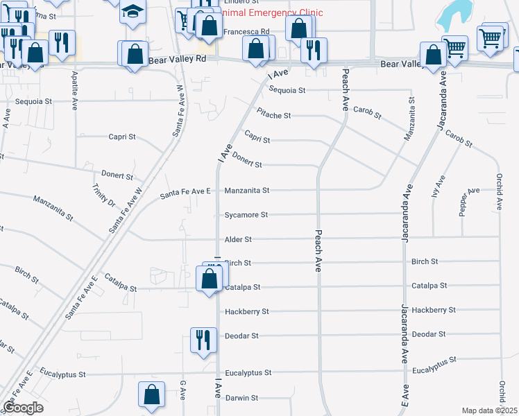 map of restaurants, bars, coffee shops, grocery stores, and more near 17820 Sycamore Street in Hesperia