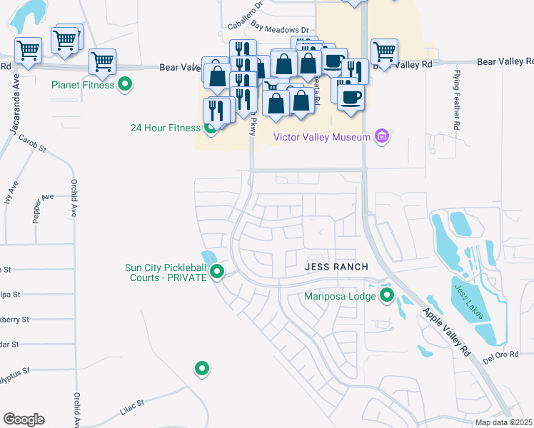 map of restaurants, bars, coffee shops, grocery stores, and more near 11689 Cedar Court in Apple Valley