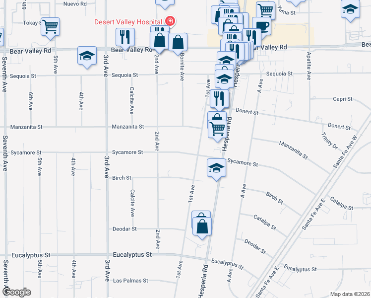 map of restaurants, bars, coffee shops, grocery stores, and more near 16800 Sycamore Street in Hesperia