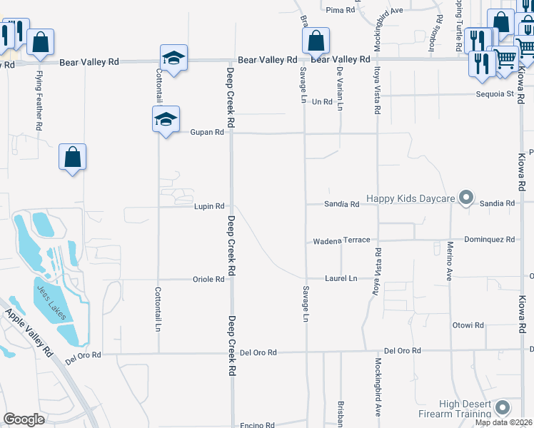 map of restaurants, bars, coffee shops, grocery stores, and more near 11501-11699 Deep Creek Road in Apple Valley