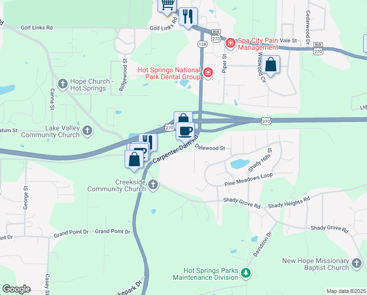 map of restaurants, bars, coffee shops, grocery stores, and more near 517 Carpenter Dam Road in Hot Springs