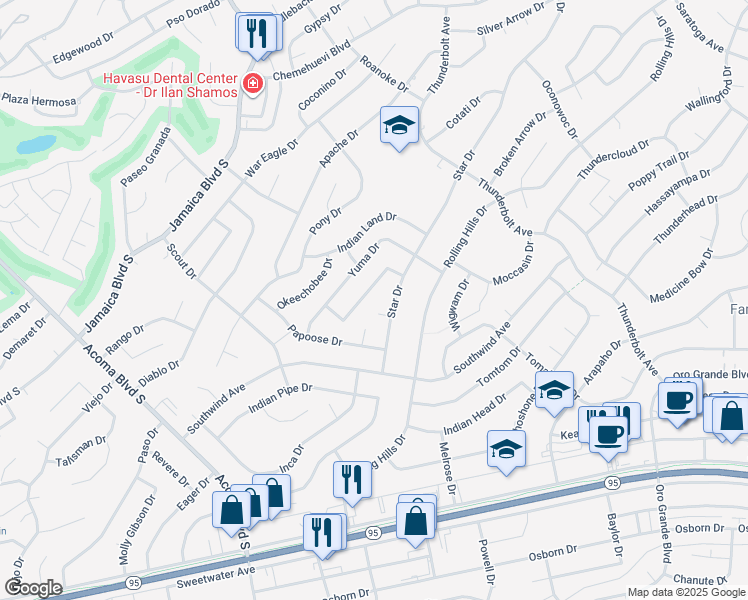 map of restaurants, bars, coffee shops, grocery stores, and more near 2910 Indian Springs Drive in Lake Havasu City