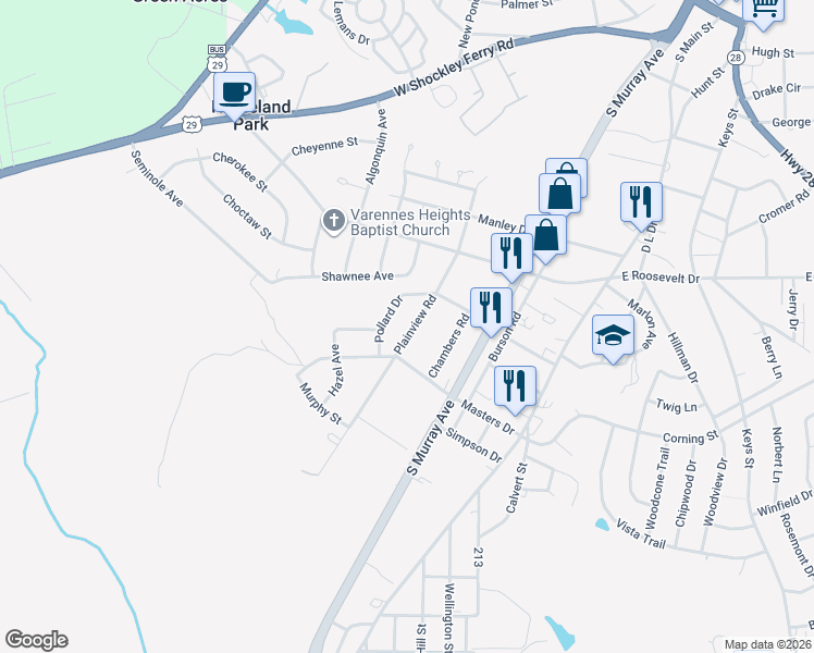 map of restaurants, bars, coffee shops, grocery stores, and more near 2918 Plainview Road in Anderson