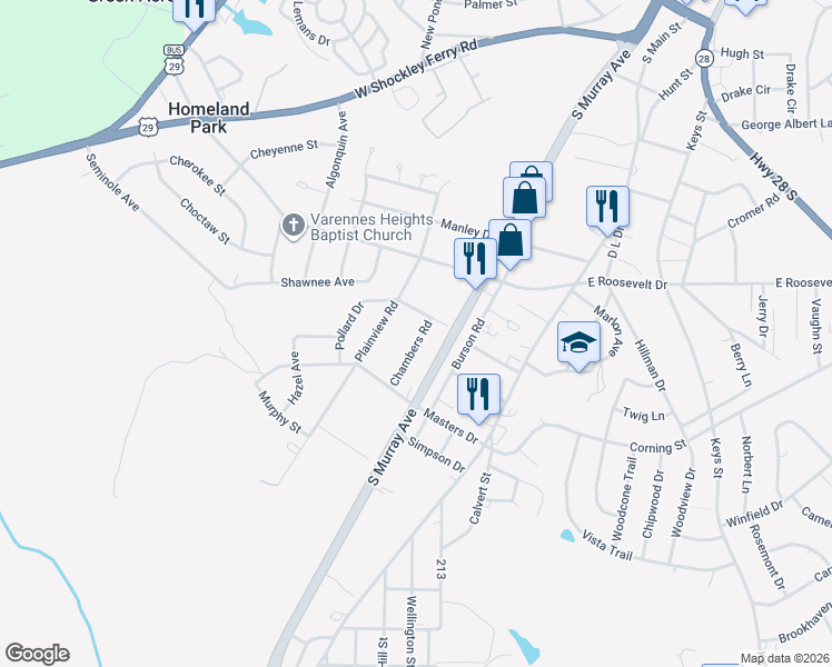 map of restaurants, bars, coffee shops, grocery stores, and more near 2911 Chambers Road in Anderson