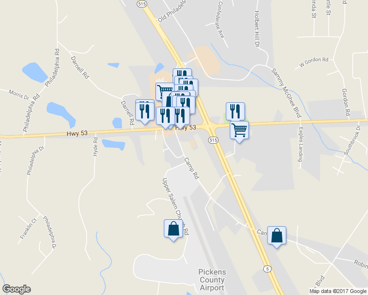 map of restaurants, bars, coffee shops, grocery stores, and more near 4030 Camp Road in Jasper