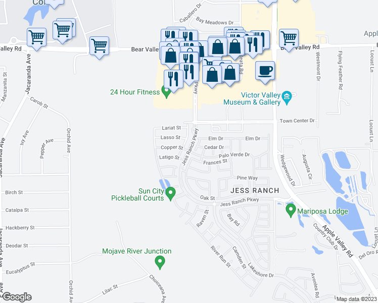 map of restaurants, bars, coffee shops, grocery stores, and more near 18183 Palo Verde Drive in Apple Valley