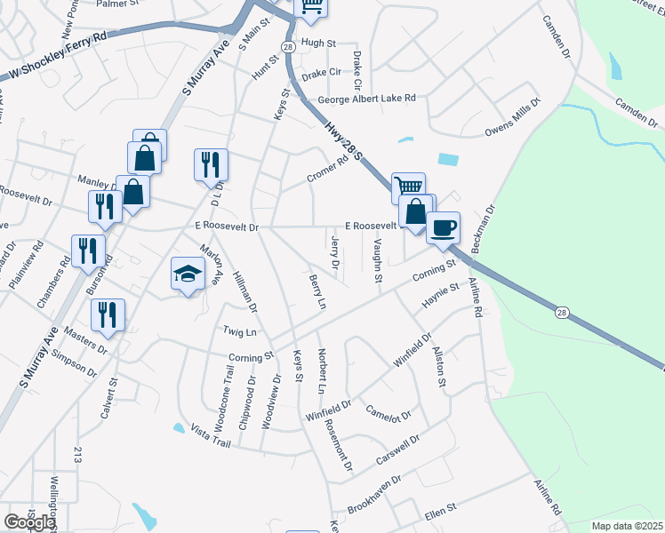 map of restaurants, bars, coffee shops, grocery stores, and more near 5 Honeysuckle Lane in Anderson