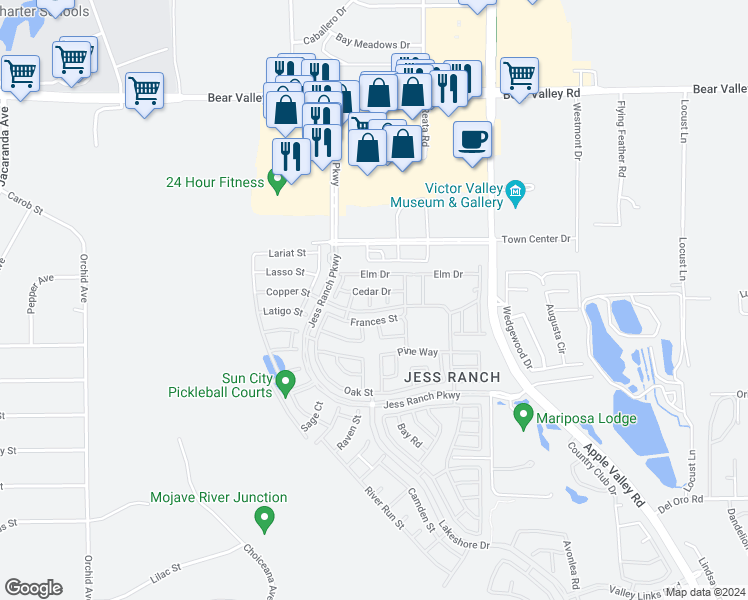 map of restaurants, bars, coffee shops, grocery stores, and more near 11681 Cedar Court in Apple Valley