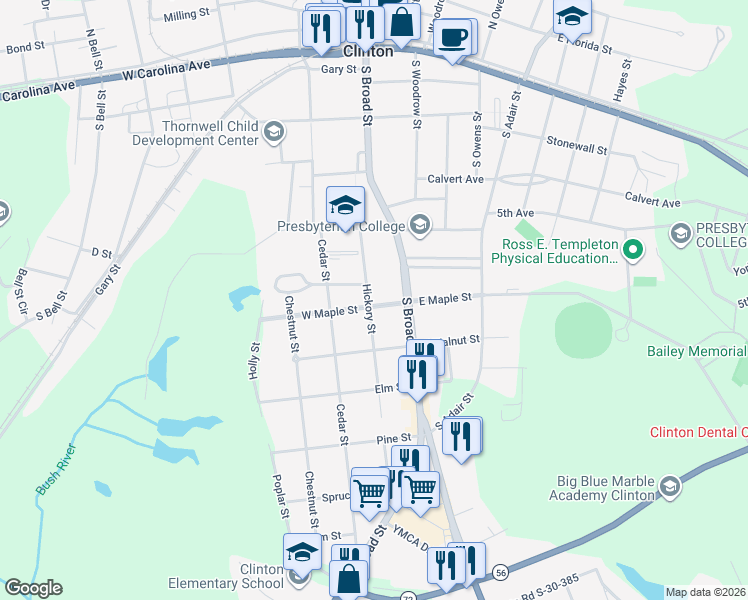 map of restaurants, bars, coffee shops, grocery stores, and more near 106 West Maple Street in Clinton