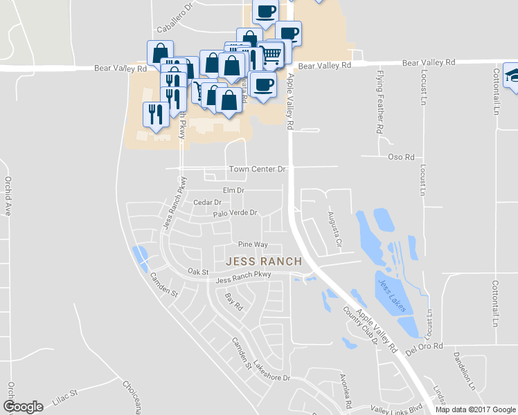 map of restaurants, bars, coffee shops, grocery stores, and more near 19196 Palo Verde Drive in Apple Valley