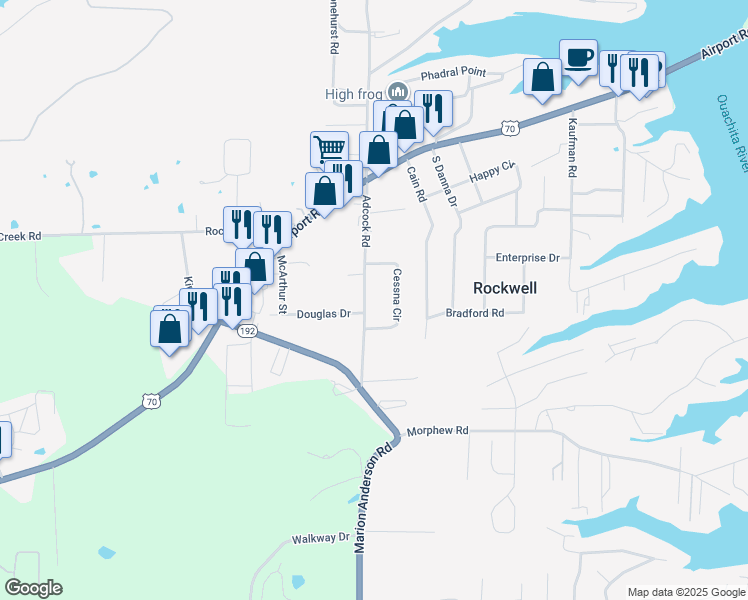 map of restaurants, bars, coffee shops, grocery stores, and more near 221 Adcock Road in Rockwell