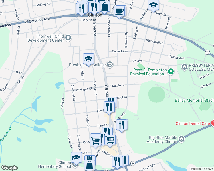 map of restaurants, bars, coffee shops, grocery stores, and more near 224 East Maple Street in Clinton
