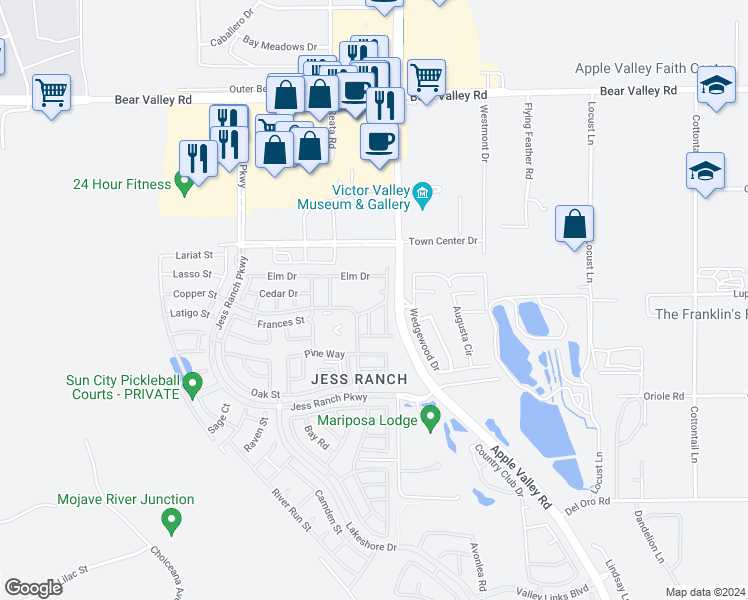 map of restaurants, bars, coffee shops, grocery stores, and more near 19248 Cottonwood Drive in Apple Valley