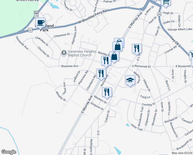 map of restaurants, bars, coffee shops, grocery stores, and more near 2911 Chambers Road in Anderson