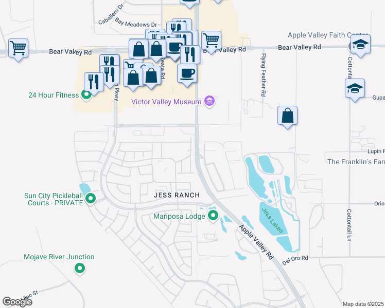 map of restaurants, bars, coffee shops, grocery stores, and more near 19281 Cottonwood Drive in Apple Valley