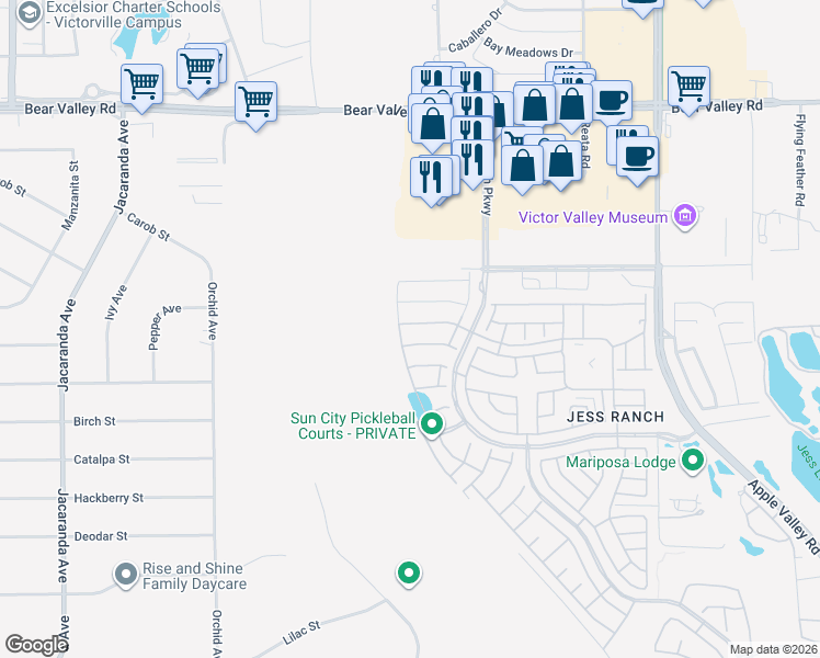 map of restaurants, bars, coffee shops, grocery stores, and more near 18859 Copper Street in Apple Valley