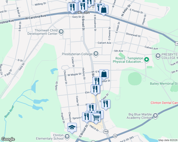 map of restaurants, bars, coffee shops, grocery stores, and more near 224 East Maple Street in Clinton