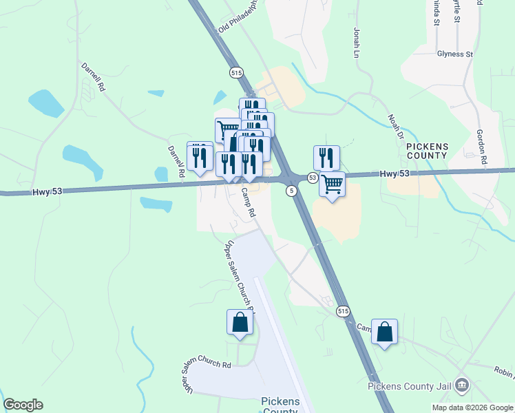 map of restaurants, bars, coffee shops, grocery stores, and more near 4030 Camp Road in Jasper