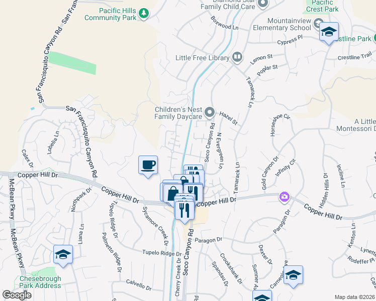 map of restaurants, bars, coffee shops, grocery stores, and more near in Santa Clarita