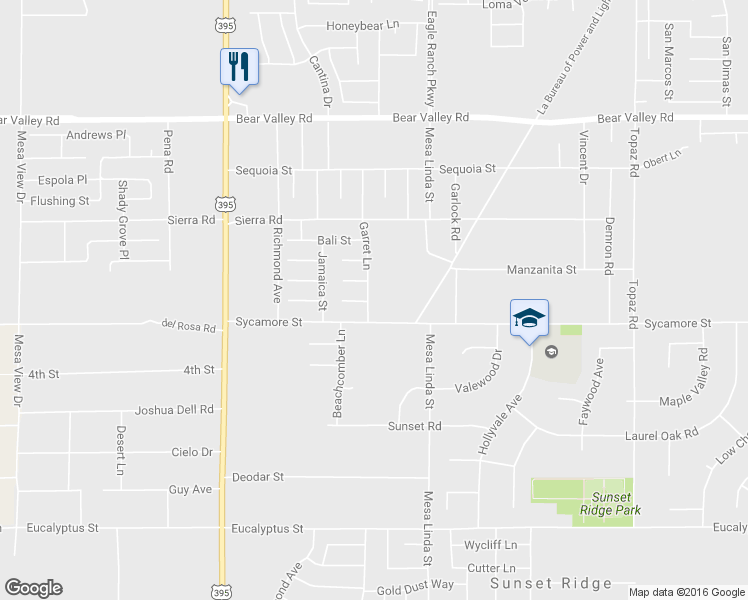 map of restaurants, bars, coffee shops, grocery stores, and more near 11737 Garret Ln in Victorville