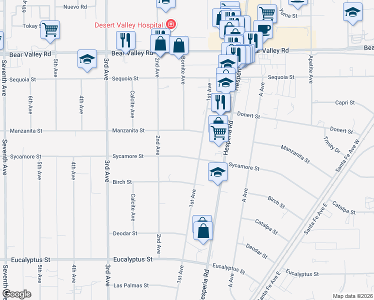 map of restaurants, bars, coffee shops, grocery stores, and more near 16800 Sycamore Street in Hesperia