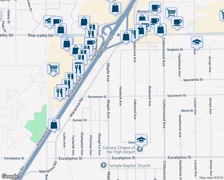 map of restaurants, bars, coffee shops, grocery stores, and more near 11747 Maple Avenue in Hesperia