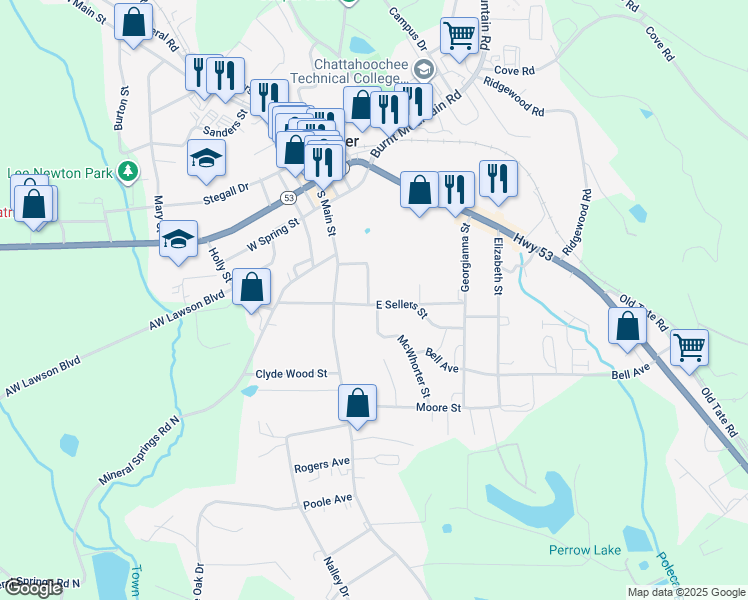 map of restaurants, bars, coffee shops, grocery stores, and more near 99 Cox Street in Jasper
