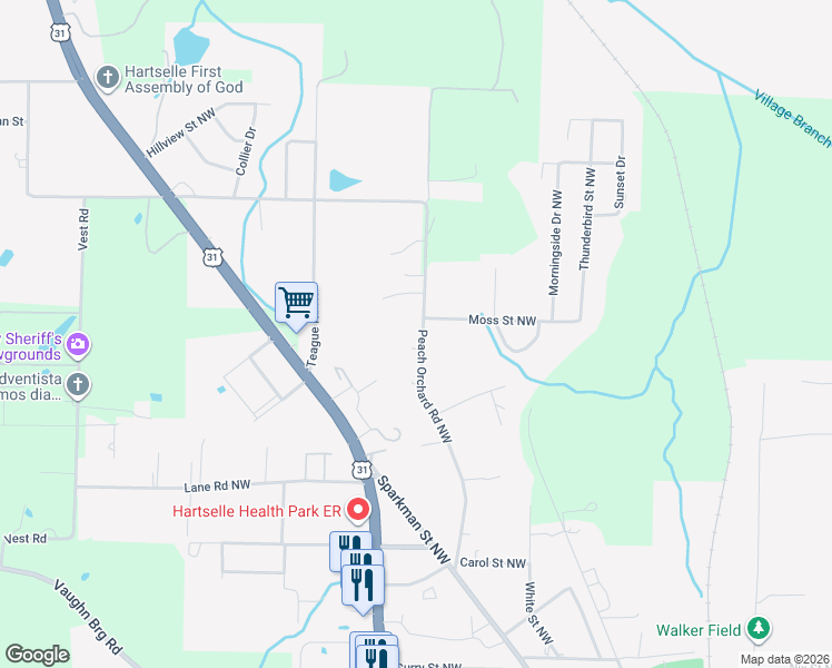 map of restaurants, bars, coffee shops, grocery stores, and more near 1847 Peach Orchard Road Northwest in Hartselle