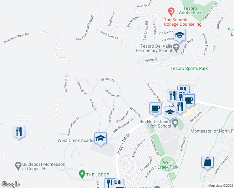 map of restaurants, bars, coffee shops, grocery stores, and more near 24509 Rosette Lane in Santa Clarita