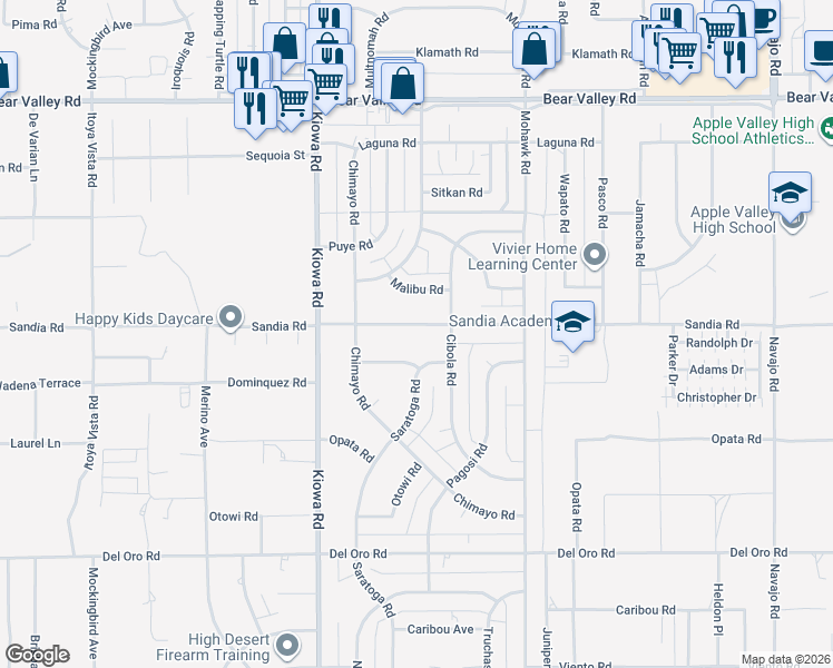 map of restaurants, bars, coffee shops, grocery stores, and more near 21077 Sandia Road in Apple Valley