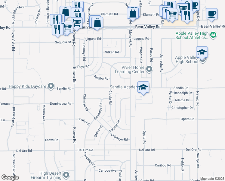 map of restaurants, bars, coffee shops, grocery stores, and more near 21145 Sandia Road in Apple Valley
