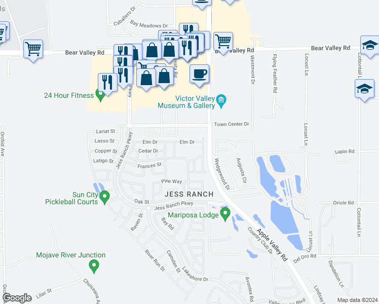 map of restaurants, bars, coffee shops, grocery stores, and more near 19222 Cottonwood Drive in Apple Valley