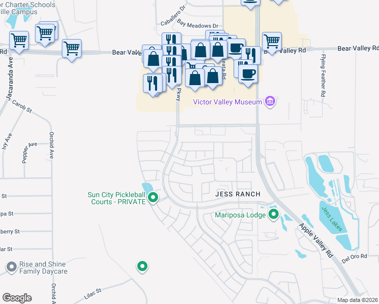 map of restaurants, bars, coffee shops, grocery stores, and more near 11689 Cedar Court in Apple Valley