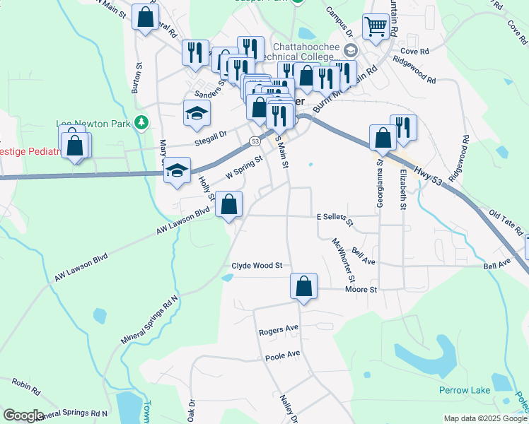 map of restaurants, bars, coffee shops, grocery stores, and more near 72 West Sellers Street in Jasper