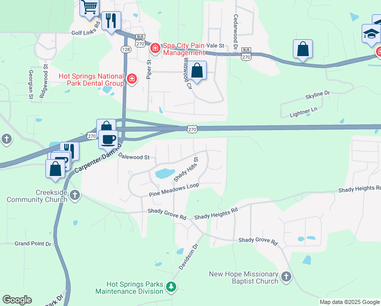 map of restaurants, bars, coffee shops, grocery stores, and more near 219 Pine Meadows Loop in Hot Springs