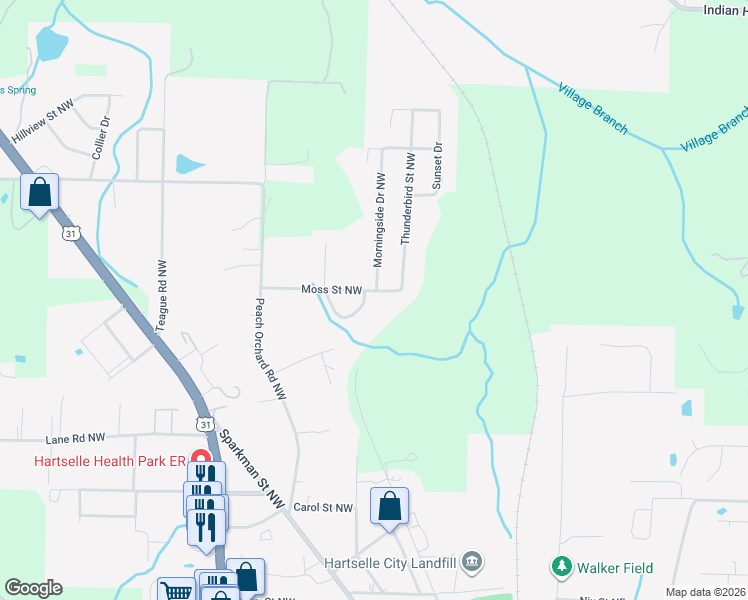 map of restaurants, bars, coffee shops, grocery stores, and more near 498 Moss Street Northwest in Hartselle