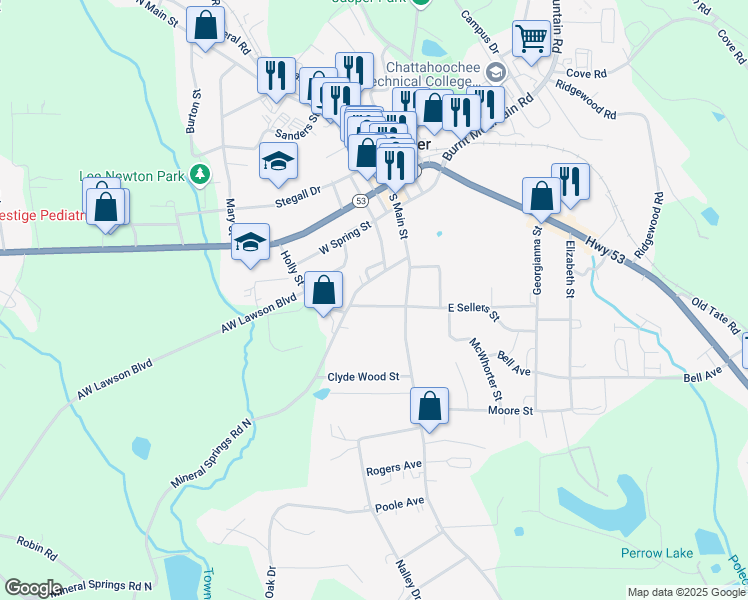 map of restaurants, bars, coffee shops, grocery stores, and more near 72 West Sellers Street in Jasper
