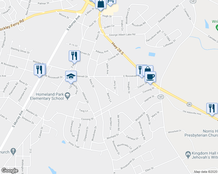 map of restaurants, bars, coffee shops, grocery stores, and more near 5 Honeysuckle Lane in Anderson