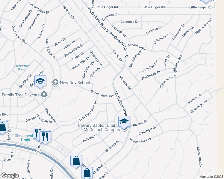 map of restaurants, bars, coffee shops, grocery stores, and more near 1455 McCulloch Boulevard South in Lake Havasu City