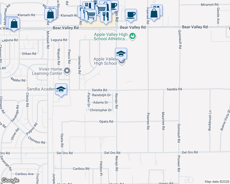 map of restaurants, bars, coffee shops, grocery stores, and more near 21653 Sandia Road in Apple Valley