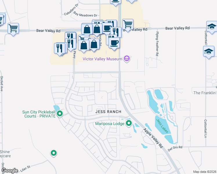 map of restaurants, bars, coffee shops, grocery stores, and more near 19224 Cottonwood Drive in Apple Valley