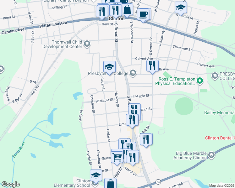 map of restaurants, bars, coffee shops, grocery stores, and more near 106 West Maple Street in Clinton