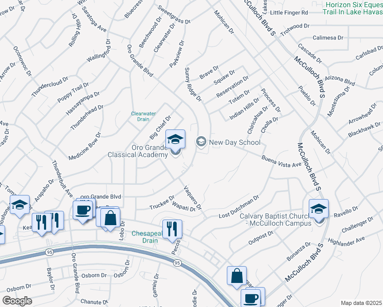 map of restaurants, bars, coffee shops, grocery stores, and more near 3425 Oro Grande Boulevard in Lake Havasu City