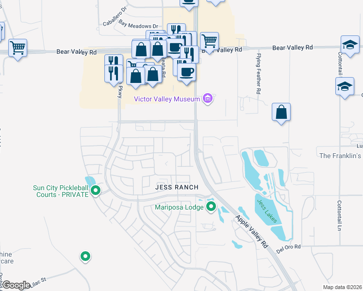 map of restaurants, bars, coffee shops, grocery stores, and more near 19266 Cottonwood Drive in Apple Valley