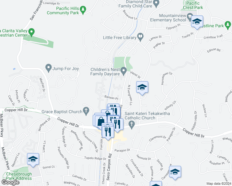 map of restaurants, bars, coffee shops, grocery stores, and more near 22815 Banyan Place in Santa Clarita