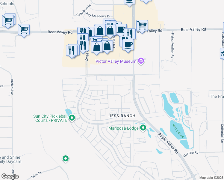 map of restaurants, bars, coffee shops, grocery stores, and more near 11704 Juniper Drive in Apple Valley
