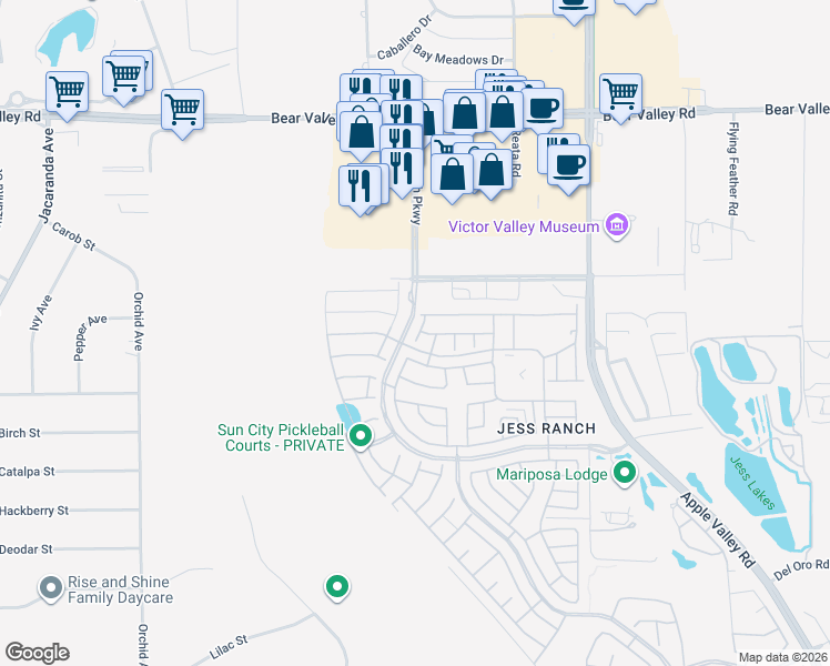 map of restaurants, bars, coffee shops, grocery stores, and more near 11714 Oak Street in Apple Valley