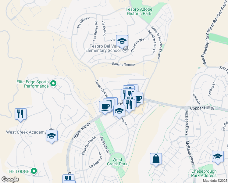 map of restaurants, bars, coffee shops, grocery stores, and more near 23948 Rustica Court in Santa Clarita